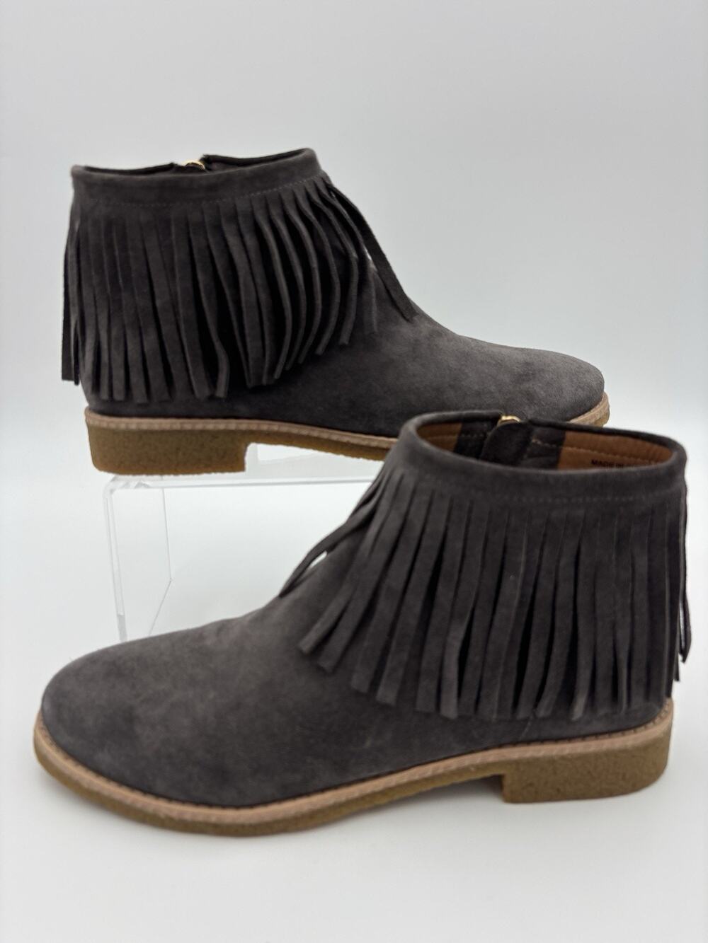 Kate Spade Betsie Saks Fringe Booties Grey Suede Size 7 M Flat Zip